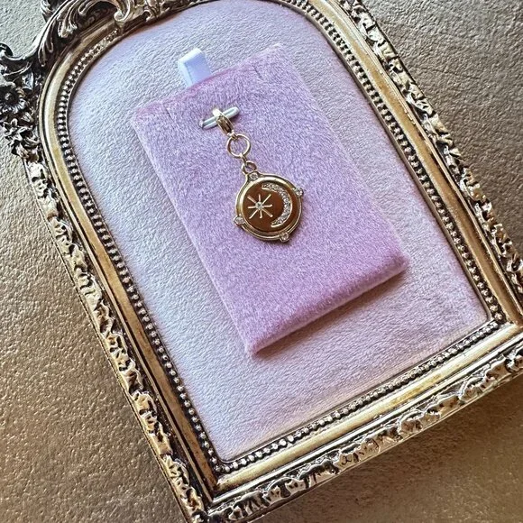 Moon & Star Charm Pendant 18k Gold PVD Stainless Steel Micro Crystals w/ Clasp - Picture 10 of 13